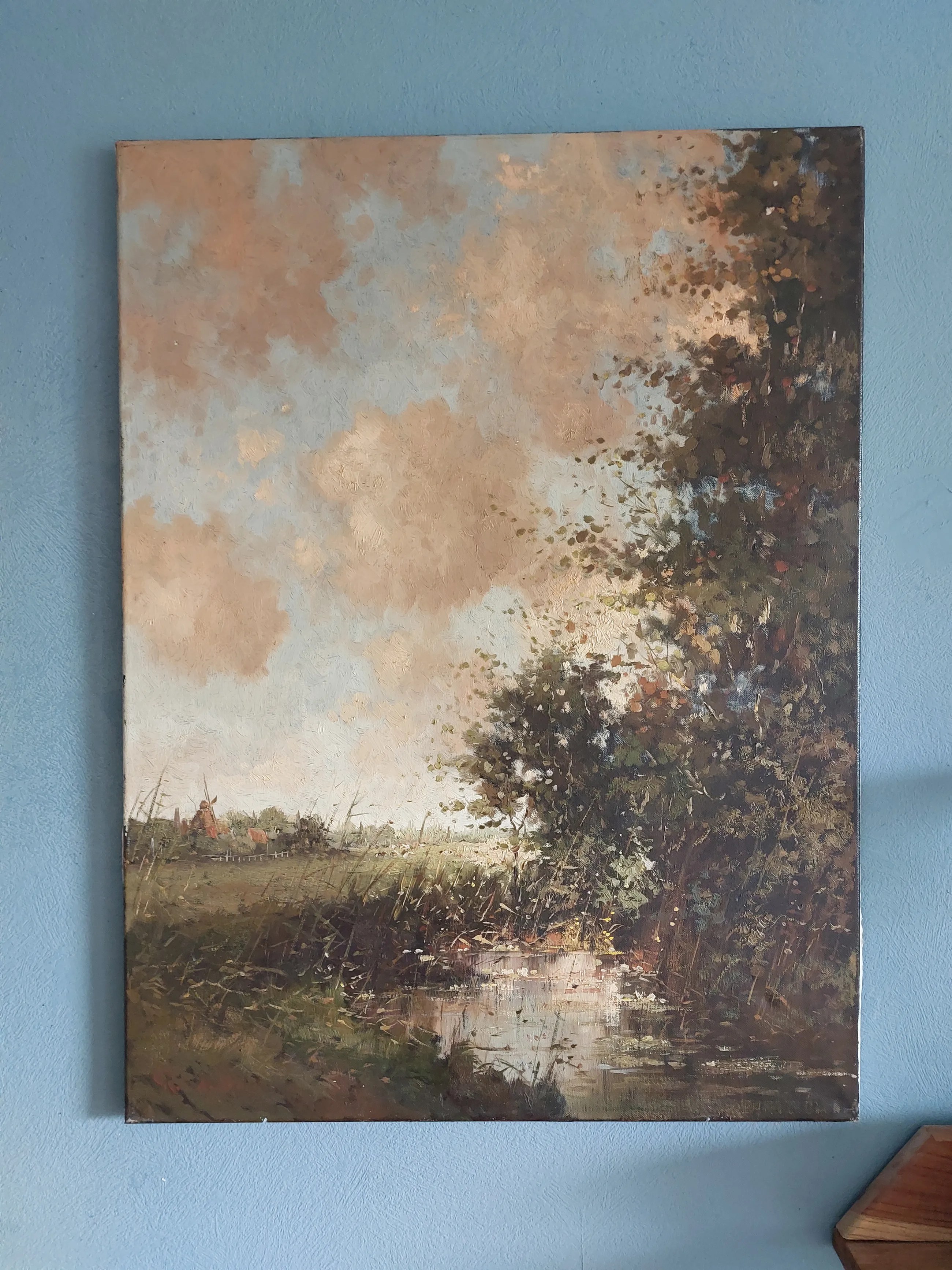 Rob de Haan — polderlandschap met molen, olieverf op doek