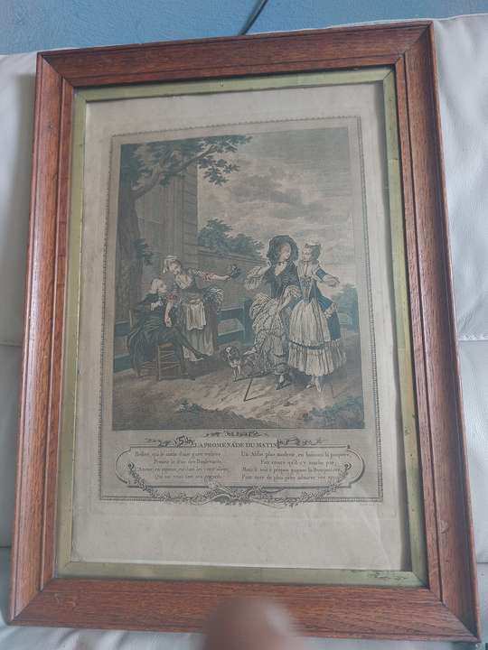 Handgekleurde kopergravure ‘La Promenade du Matin’ naar Freudeberg, in eiken lijst