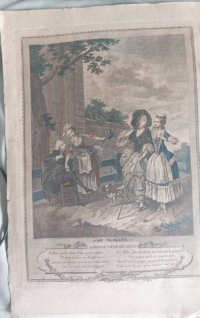 Handgekleurde kopergravure ‘La Promenade du Matin’ naar Freudeberg, in eiken lijst — foto 2