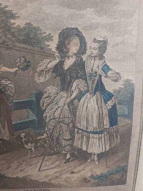 Handgekleurde kopergravure ‘La Promenade du Matin’ naar Freudeberg, in eiken lijst — foto 3