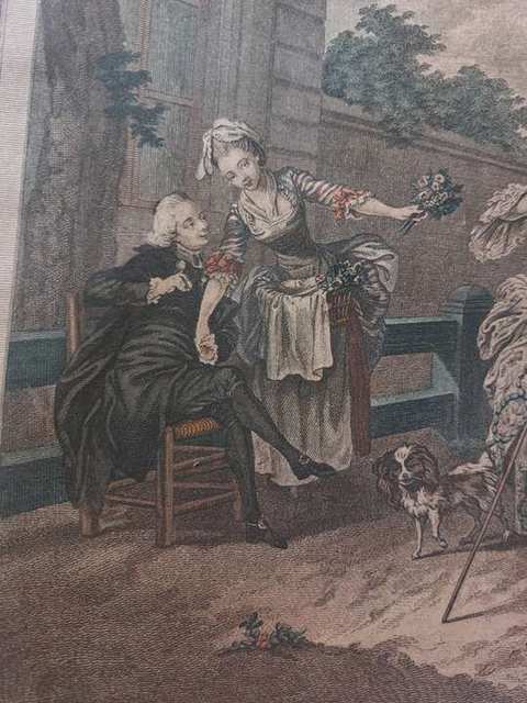 Handgekleurde kopergravure ‘La Promenade du Matin’ naar Freudeberg, in eiken lijst — foto 5