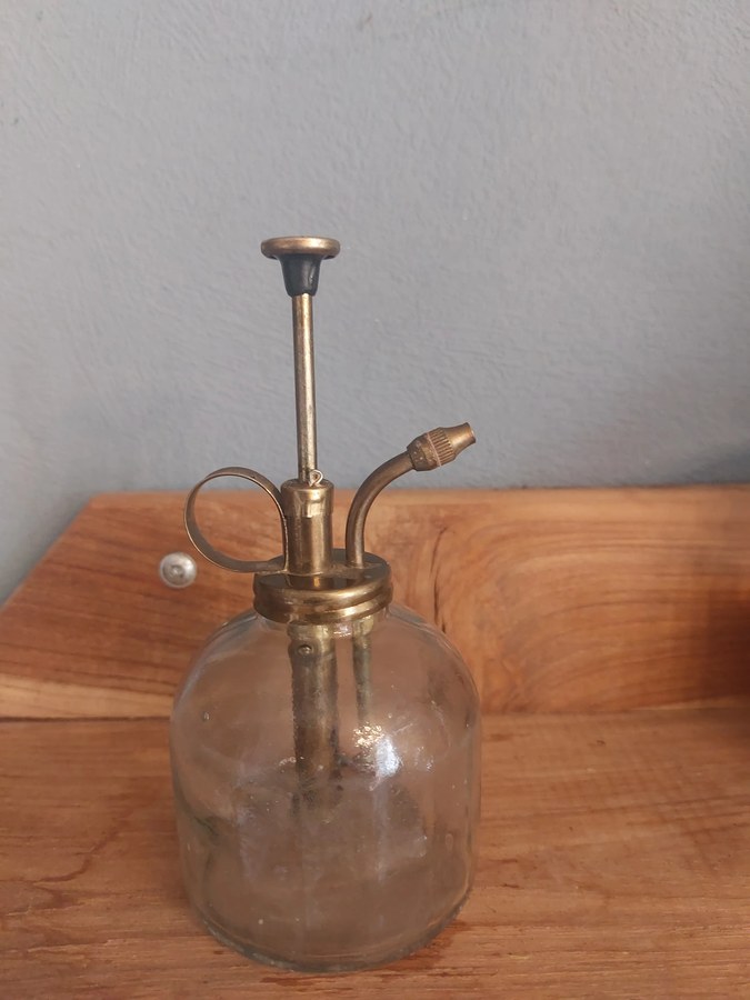 Oude plantenspuit van glas met messing pomp — werkend