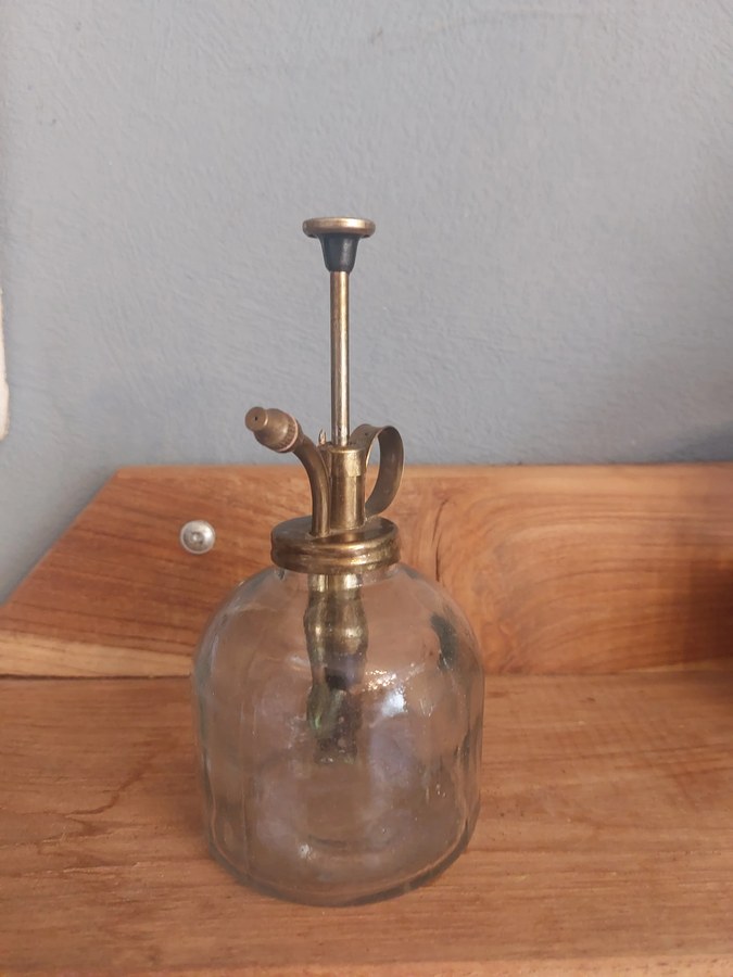 Oude plantenspuit van glas met messing pomp — werkend — foto 3