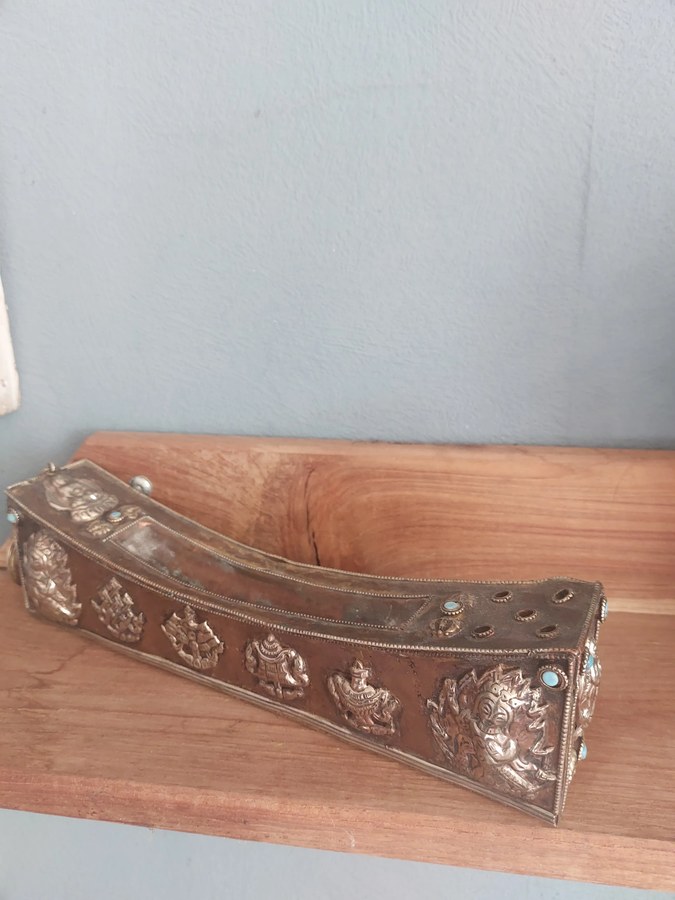 Tibetaanse reiswierookbrander, koper met nieuwzilver, turkoois en koraal — foto 3