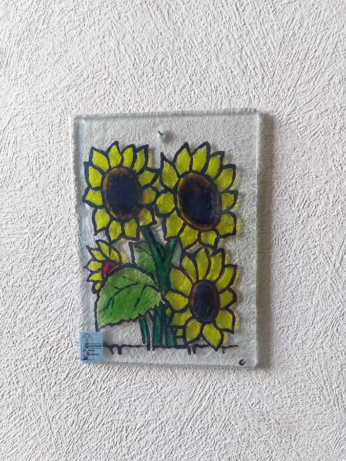 Brandgeschilderd glaspaneeltje zonnebloemen — Glasatelier Johannes Boersma